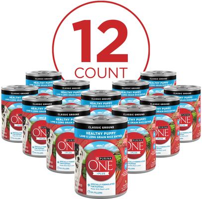 Show full view: Purina ONE +Plus Classic Ground Healthy Puppy Lamb & Long Grain Rice Entree Canned Dog Food, 13-oz can, bundle of 24  slide 3 of 12