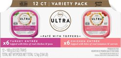 Nutro Ultra Variety Pack Adult Grain-Free Turkey Entree & Chicken Entree Pate Dog Food Trays with Toppers, 3.5-oz tray, case of 24