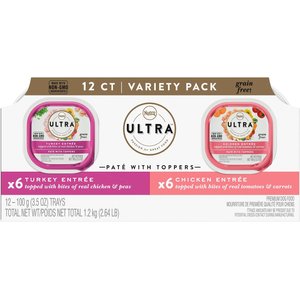 Nutro Ultra Variety Pack Adult Grain-Free Turkey Entree & Chicken Entree Pate Dog Food Trays with Toppers, 3.5-oz tray, case of 12, bundle of 2