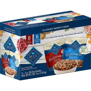 Blue Buffalo Delectables Chicken & Beef Dinner Variety Pack Grain-Free Wet Dog Food Topper, 3-oz pouches, case of 12, 3-oz pouches, case of 12, bundle of 2