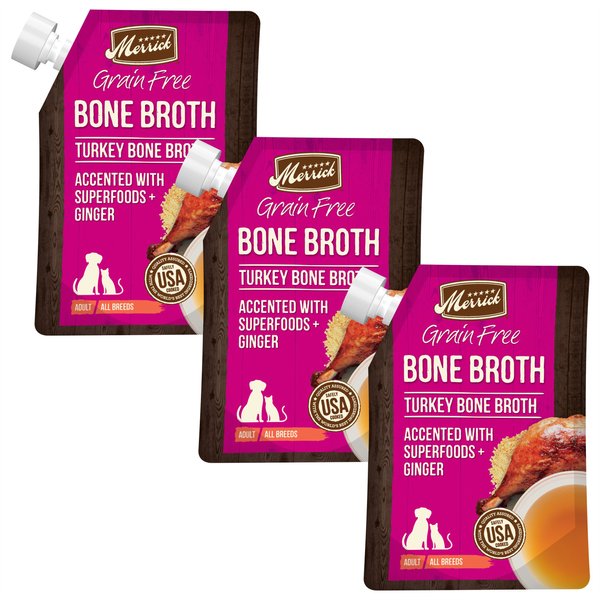 Merrick Turkey Bone Broth Grain-Free Wet Dog Food Topper, 16-oz pouch, bundle of 3 slide 1 of 9