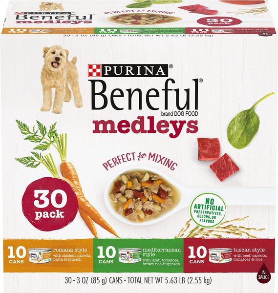 Purina Beneful Medleys Tuscan, Romana & Mediterranean Style Variety Pack Canned Dog Food, 3-oz can, case of 30, bundle of 2 slide 1 of 10