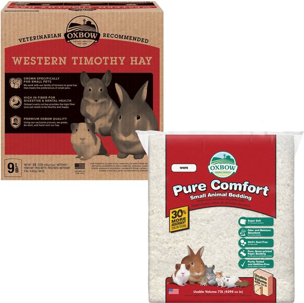 Oxbow Animal Health Western Timothy Hay All Natural Hay for Rabbits, Guinea Pigs, Chinchillas, Hamsters & Gerbils + Pure Comfort Small Animal Bedding, White slide 1 of 9
