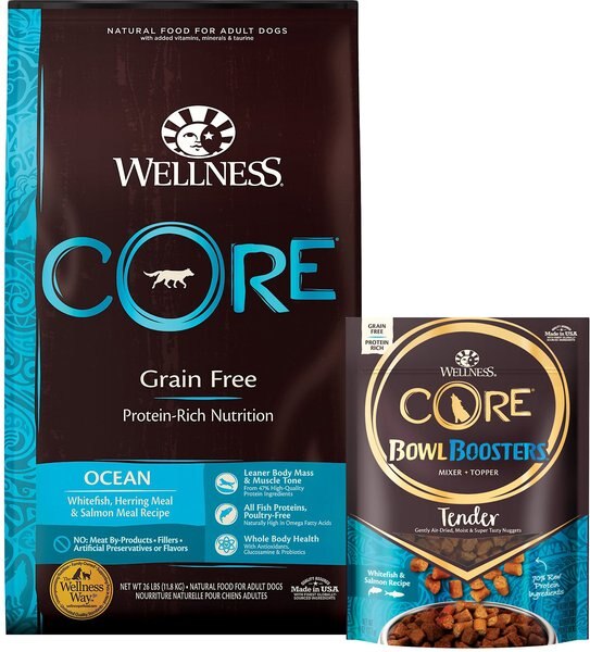 Wellness CORE Ocean Whitefish, Herring & Salmon Recipe Dry Dog Food + Bowl Boosters Tender Whitefish & Salmon Recipe Food Mixer or Topper slide 1 of 9