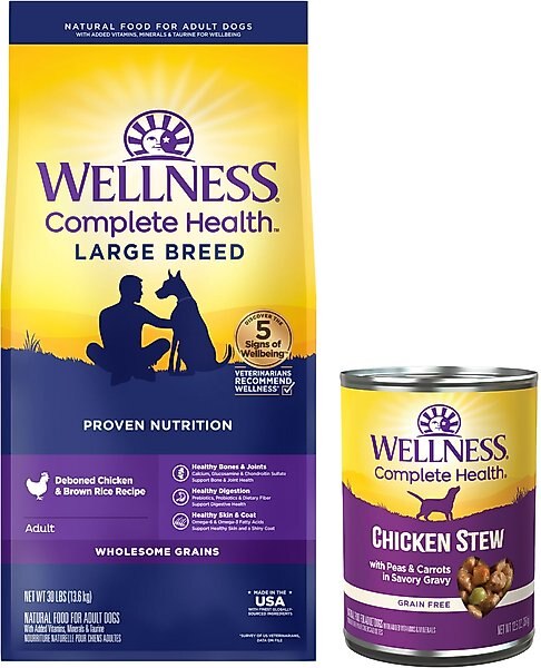 Wellness Large Breed Complete Health Adult Deboned Chicken & Brown Rice Recipe Dry Dog Food + Chicken Stew with Peas & Carrots Grain-Free Canned Food slide 1 of 8