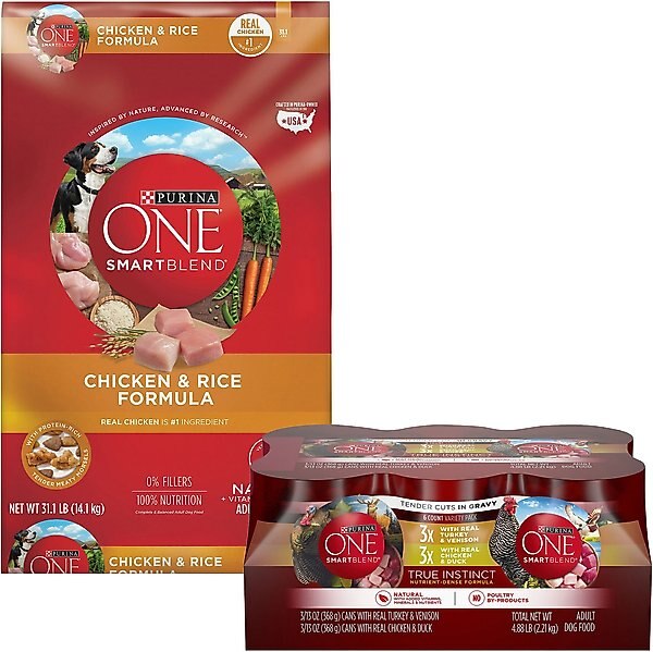 Purina ONE SmartBlend Chicken & Rice Adult Formula Dry Dog Food + True Instinct Tender Cuts in Gravy Variety Pack Canned Food slide 1 of 9