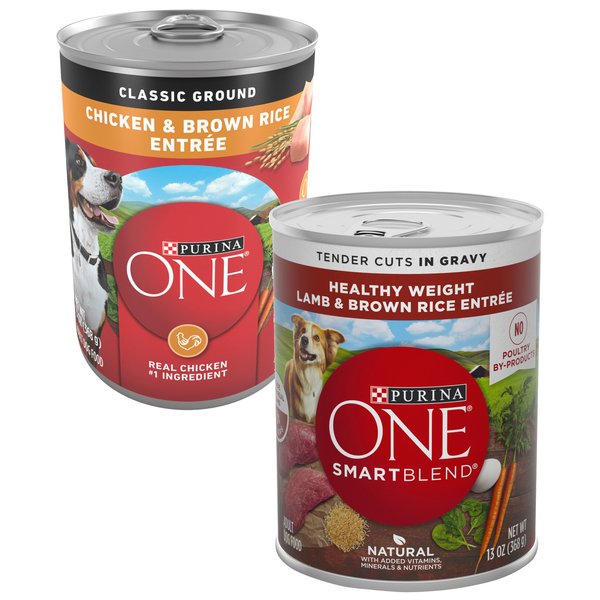 Purina ONE SmartBlend Tender Cuts in Gravy Lamb & Brown Rice Entree + Classic Ground Chicken & Brown Rice Entree Adult Canned Dog Food slide 1 of 9