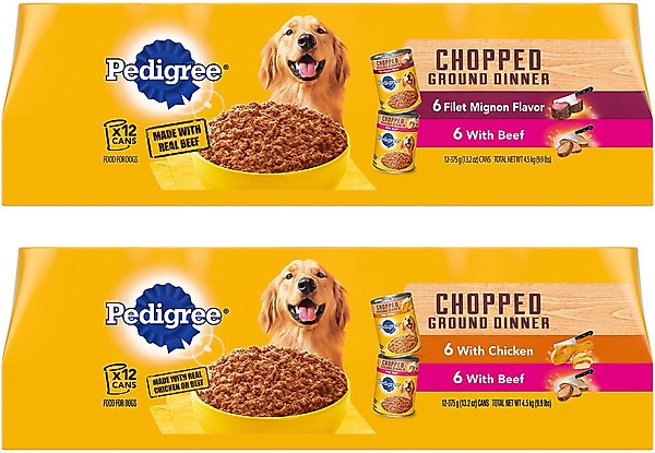 Pedigree Chopped Ground Dinner Variety Pack with Filet Mignon & Beef + Variety Pack with Beef & Chicken Canned Dog Food slide 1 of 9