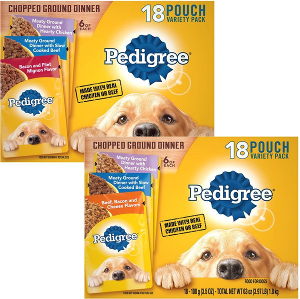 Pedigree Chopped Ground Dinner Variety Pack with Chicken, Filet Mignon & Beef + Variety Pack with Chicken, Beef & Bacon Wet Dog Food slide 1 of 9