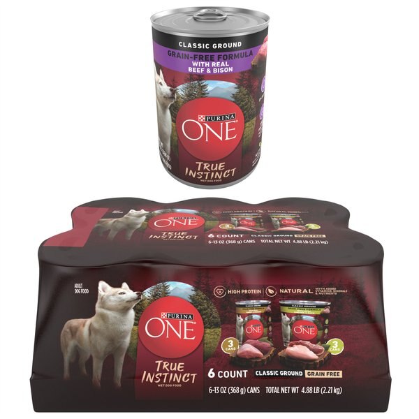 Purina ONE SmartBlend True Instinct Classic Ground Grain-Free Variety Pack Canned Dog Food + Ground Real Beef & Bison Grain-Free Wet Food slide 1 of 9