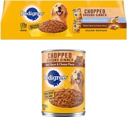 Pedigree Chopped Ground Dinner Combo with Chicken, Liver & Beef & Beef, Bacon & Cheese Flavor Variety Pack + Beef, Bacon & Cheese Flavor Canned Wet Dog Food