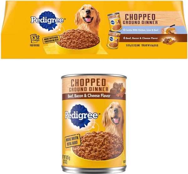 Pedigree Chopped Ground Dinner Combo with Chicken, Liver & Beef & Beef, Bacon & Cheese Flavor Variety Pack + Beef, Bacon & Cheese Flavor Canned Wet Dog Food slide 1 of 9
