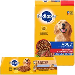 Pedigree Adult Steak Flavor Dry Dog Food + Chopped Ground Dinner Canned Wet Food Combo with Chicken, Liver & Beef & Beef, Bacon & Cheese Flavor Variety Pack