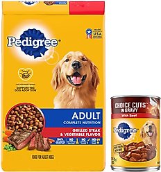 Pedigree Adult Complete Nutrition Steak Flavor Dry Dog Food + Choice Cuts In Gravy Canned Soft Wet Food, with Beef