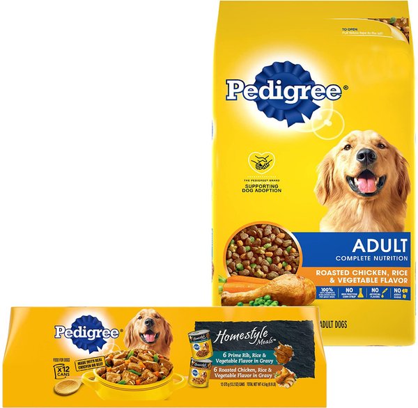 Pedigree Adult Complete Nutrition Chicken Flavor Dry Dog Food + Homestyle Meals Prime Rib, Rice & Vegetable Flavor in Gravy & Roasted Chicken, Rice & Vegetable Flavor in Gravy Canned Soft Wet Food Variety Pack slide 1 of 9