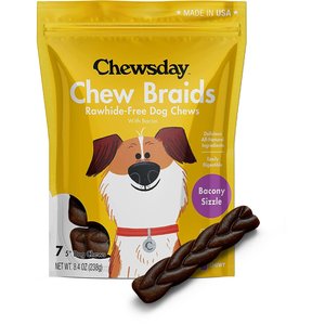 Chewsday Bacony Sizzle Chew Braids Rawhide-Free Dog Hard Chews, 7 count
