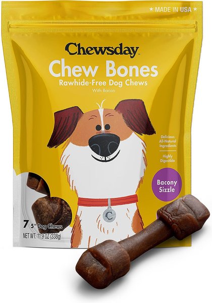 Chewsday Bacony Sizzle Chew Bones Rawhide-Free Dog Hard Chews, 7 count, Small slide 1 of 6