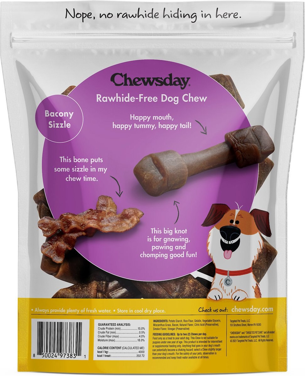 Chewsday Bacony Sizzle Chew Bones Rawhide-Free Dog Hard Chews, 7 count, Small