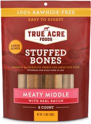 True Acre Foods Large Stuffed Bone Treats Meaty Middle Made with real Bacon, 6 count