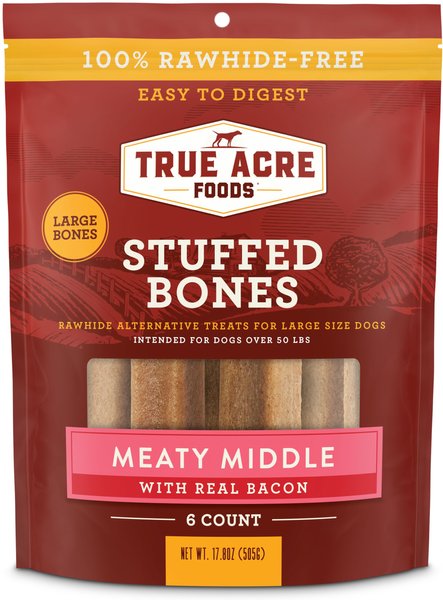 True Acre Foods Large Stuffed Bone Treats Meaty Middle Made with real Bacon, 6 count slide 1 of 8