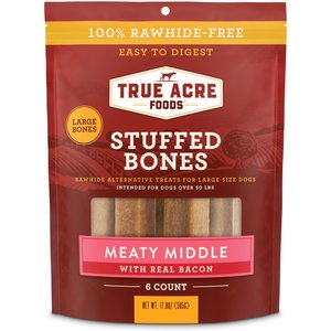 True Acre Foods Large Stuffed Bone Treats Meaty Middle Made with real Bacon, 6 count