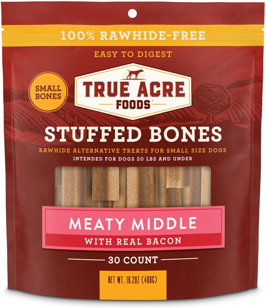 True Acre Foods Small Stuffed Bone Treats Meaty Middle Made with real Bacon, 30 count slide 1 of 8