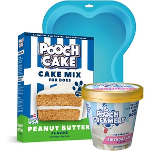 Pooch Cake Basic Starter Plus Peanut Butter Cake Mix with Cake Mold Kit & Pooch Creamery Birthday Cake Ice Cream Dog treat, 9-oz box & 5.25-oz carton