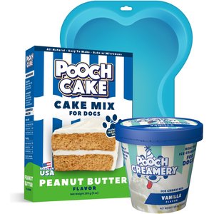 Pooch Cake Basic Starter Plus Peanut Butter Cake Mix with Cake Mold Kit & Pooch Creamery Vanilla Ice Cream Dog Birthday Cake 9-oz box & 5.25-oz carton