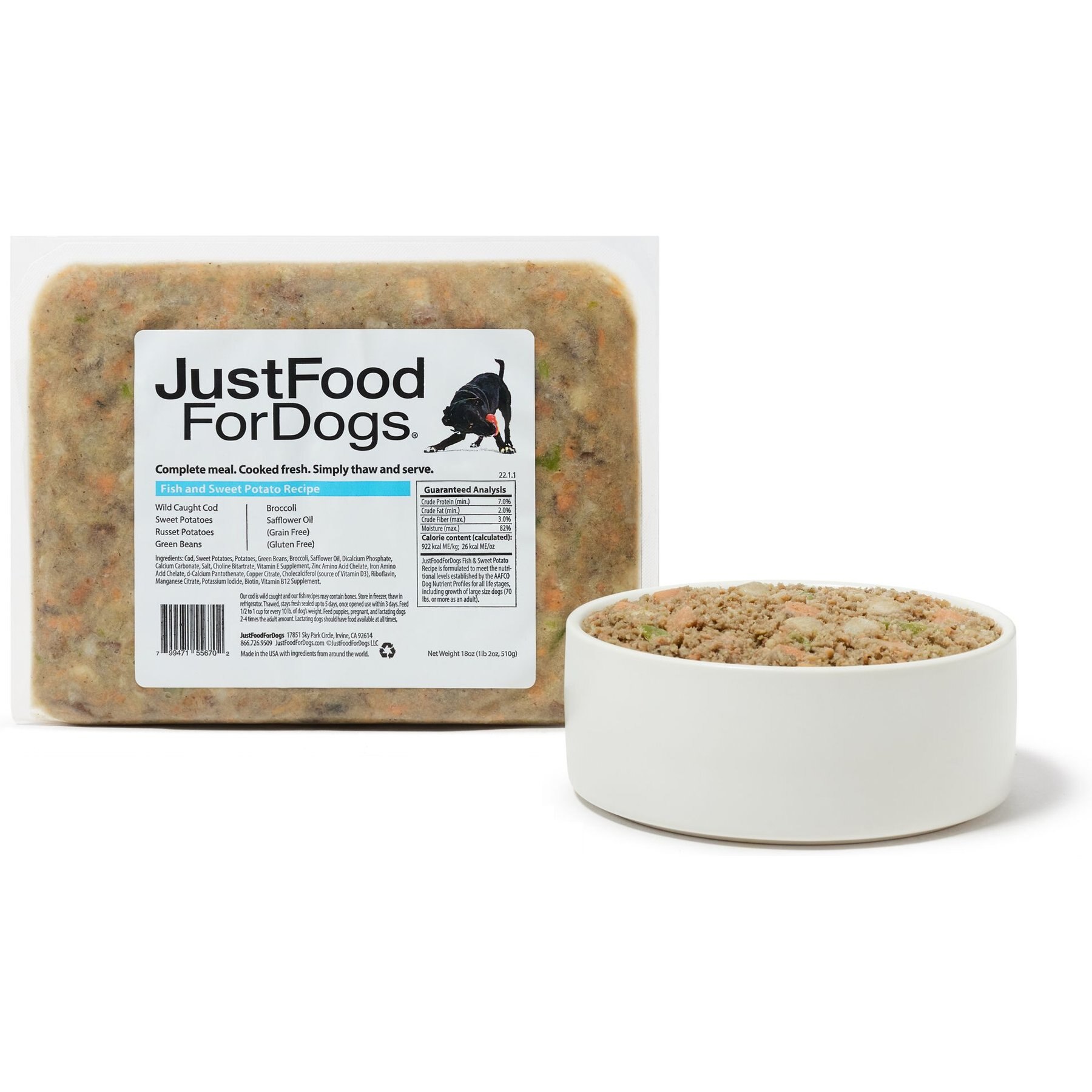 JUSTFOODFORDOGS Fish Sweet Potato Recipe Frozen Human Grade Fresh Dog Food 18 oz pouch case of 21 Chewy