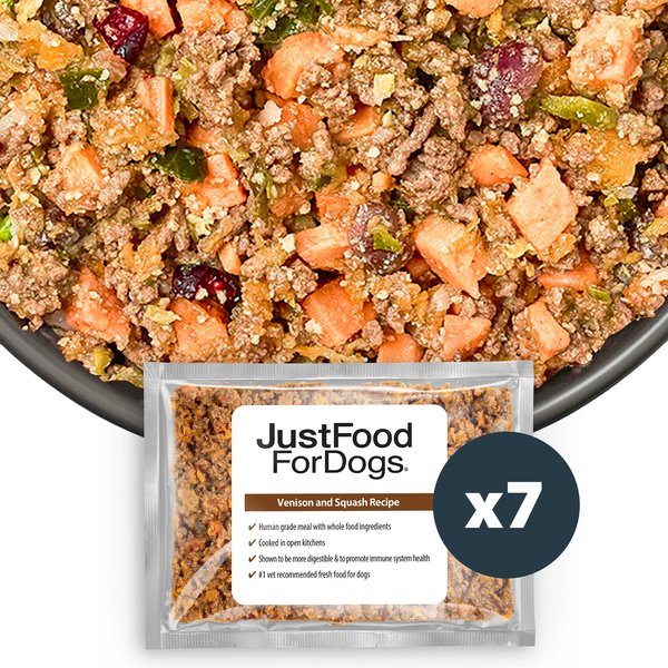 JustFoodForDogs Venison & Squash Recipe Frozen Human-Grade Fresh Dog Food, 18-oz pouch, case of 7 slide 1 of 10