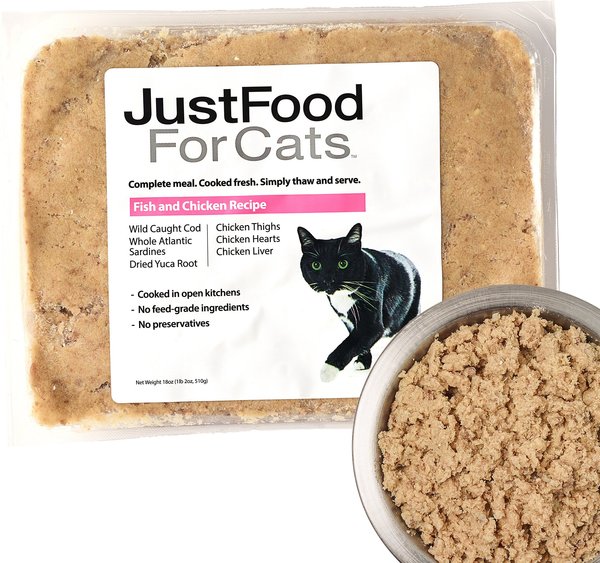 JustFoodForDogs Fish & Chicken Recipe Frozen Human-Grade Fresh Cat Food, 18-oz pouch, case of 7 slide 1 of 8