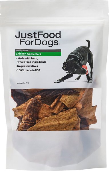 JustFoodForDogs Chicken Apple Bark Dehydrated Dog Treats, 5-oz bag slide 1 of 6