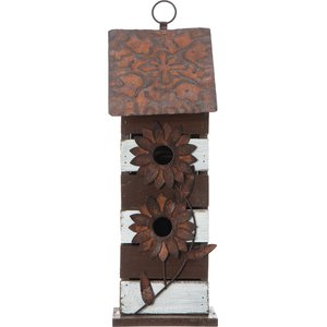 Glitzhome Two-Tiered Distressed Solid Wood Birdhouse with 3D Rustic Flowers