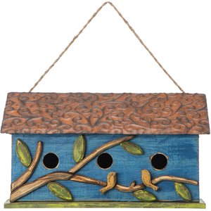 Glitzhome Oversized Distressed Solid Wood Cottage Birdhouse with Natural Wood Roof, Blue