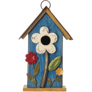 GLITZHOME Distressed Solid Wood Birdhouse with 3D Flowers, Blue - Chewy.com