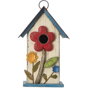 Glitzhome Distressed Solid Wood Birdhouse with 3D Flowers, White