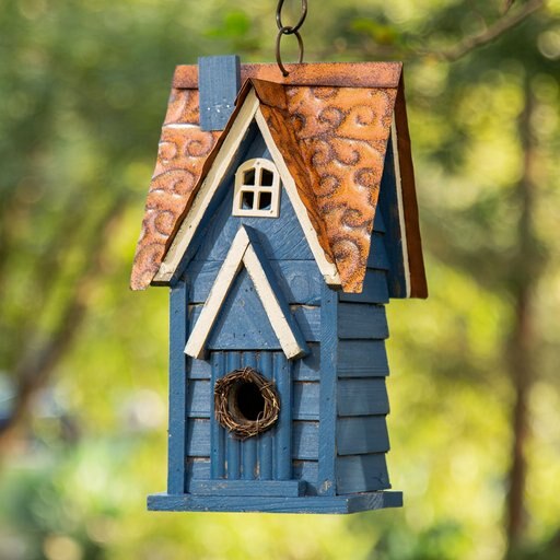 Glitzhome Distressed Solid Wood Cottage Birdhouse, Blue
