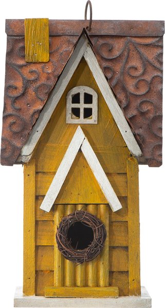 Glitzhome Distressed Solid Wood Cottage Birdhouse, Yellow slide 1 of 8