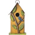 Glitzhome Washed Distressed Solid Wood Birdhouse with 3D Tree & Bird, Yellow