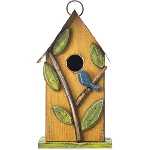 Glitzhome Washed Distressed Solid Wood Birdhouse with 3D Tree & Bird, Yellow