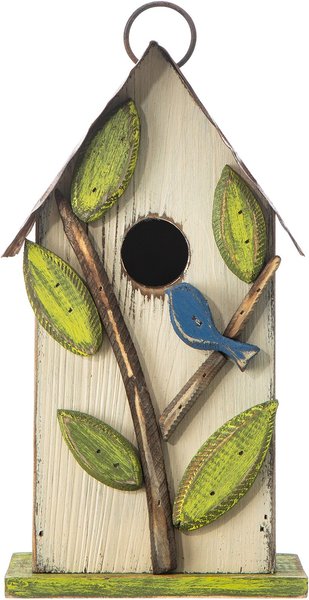 Glitzhome Washed Distressed Solid Wood Birdhouse with 3D Tree & Bird, Multi slide 1 of 8