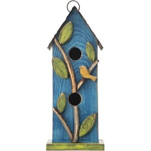 Glitzhome Washed Distressed Solid Wood Birdhouse with 3D Tree & Bird, Blue