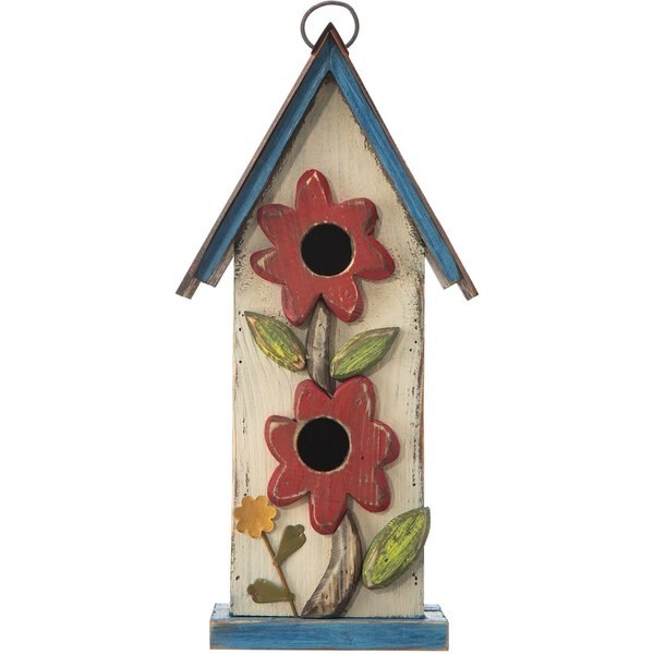 Glitzhome Hanging Two-Tiered Flowers Distressed Wood Bird House, 14.45-in