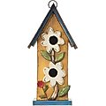 Glitzhome Two-Tiered Distressed Solid Wood Birdhouse with 3D Flowers, Yellow