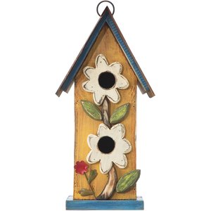 Glitzhome Two-Tiered Distressed Solid Wood Birdhouse with 3D Flowers, Yellow