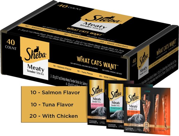 Sheba Meaty Sticks Variety Pack Chicken, Salmon & Tuna Flavor Soft Adult Cat Treats, 40 count slide 1 of 8