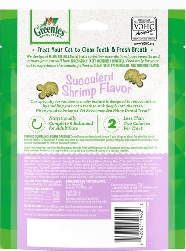 Feline Greenies Adult Natural Dental Care Cat Treat, Succulent Shrimp Flavor, 4.6-oz bag