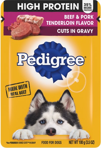 Pedigree High Protein Beef & Pork Tenderloin Flavor Cuts in Gravy Adult Dog Wet Food Pouches, 3.5-oz pouches, 16 count slide 1 of 9