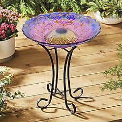 Hi-Line Gift Solar Floral Glass Bird Bath with Stand, Multicolor