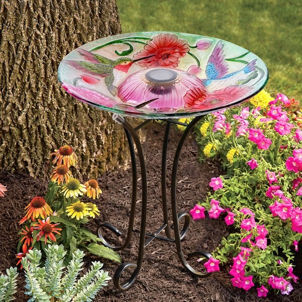 Hi-Line Gift Solar Hummingbird with Corn Poppy Glass Bird Bath with Stand, Multicolor